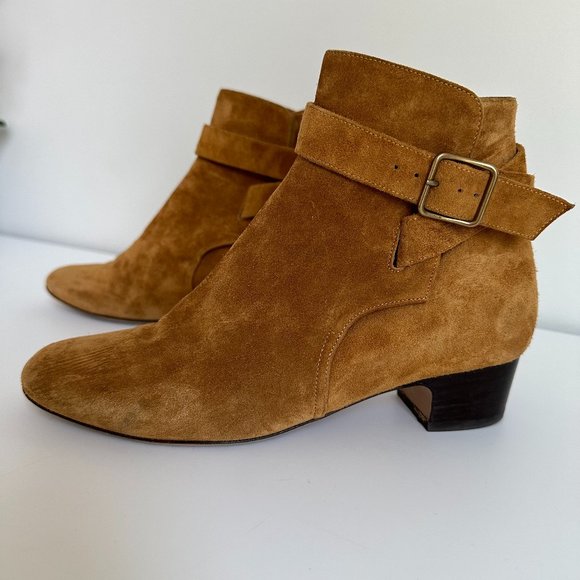 Michel Vivien Shoes - Michel Vivien Tan Suede Ankle Bootie with Buckle Strap